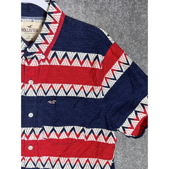 Hollister Southwestern Striped Button Down Shirt Mens Size Large Red Blue Pocket - Picture 6 of 8